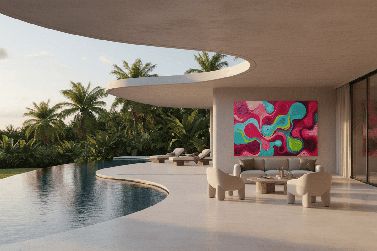Candy Flow pink and cyan fluid abstract artwork beside a pool lounge and outdoor living area