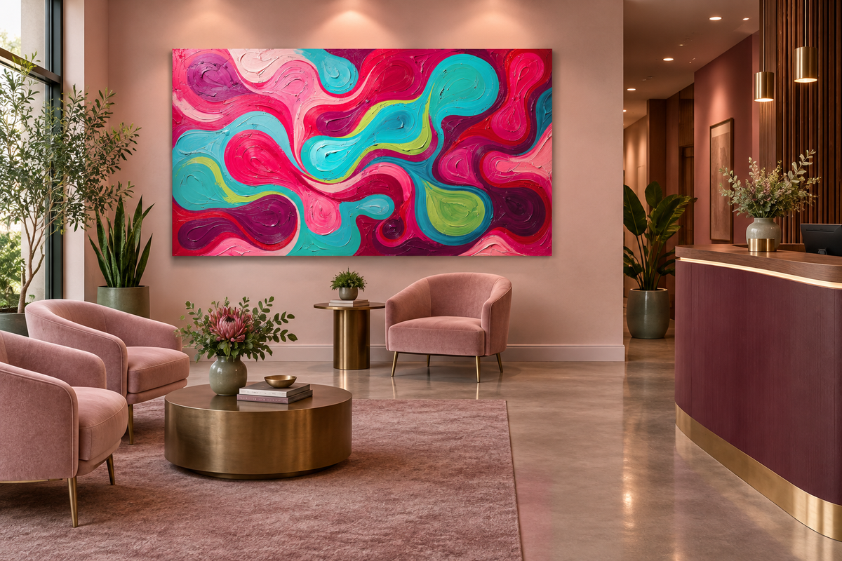 Candy Flow fluid abstract artwork with pink, cyan, magenta and acid-green looping ribbons in a modern clinic with reception and waiting area