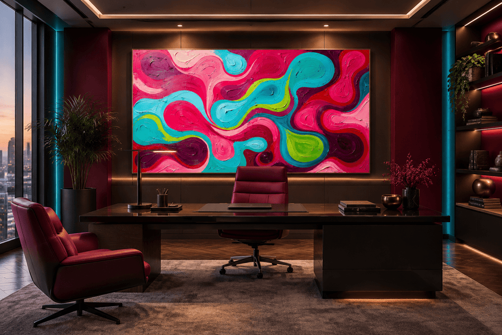 Candy Flow fluid abstract artwork with pink, cyan, magenta and acid-green looping ribbons in an executive office