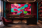 Candy Flow fluid abstract artwork with pink, cyan, magenta and acid-green looping ribbons in an executive office
