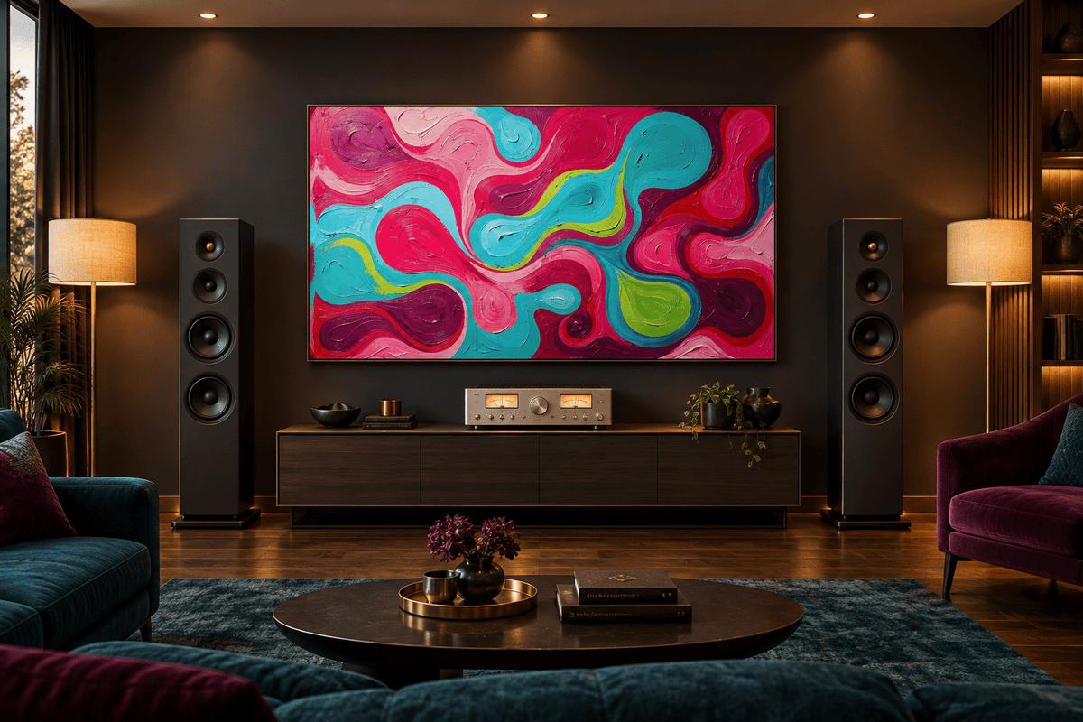 Candy Flow fluid abstract artwork with pink, cyan, magenta and acid-green looping ribbons in a high-end hifi living room