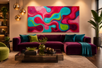 Candy Flow fluid abstract artwork with pink, cyan, magenta and acid-green looping ribbons in a modern living room