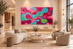 Candy Flow fluid abstract artwork with pink, cyan, magenta and acid-green looping ribbons in a modern luxury hotel lobby