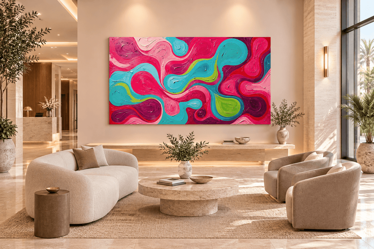 Candy Flow fluid abstract artwork with pink, cyan, magenta and acid-green looping ribbons in a modern luxury hotel lobby