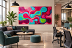 Candy Flow fluid abstract artwork with pink, cyan, magenta and acid-green looping ribbons in an open-plan office