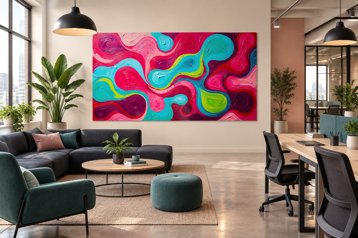 Candy Flow fluid abstract artwork with pink, cyan, magenta and acid-green looping ribbons in an open-plan office