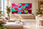 Candy Flow fluid abstract artwork with pink, cyan, magenta and acid-green looping ribbons in a wellness spa