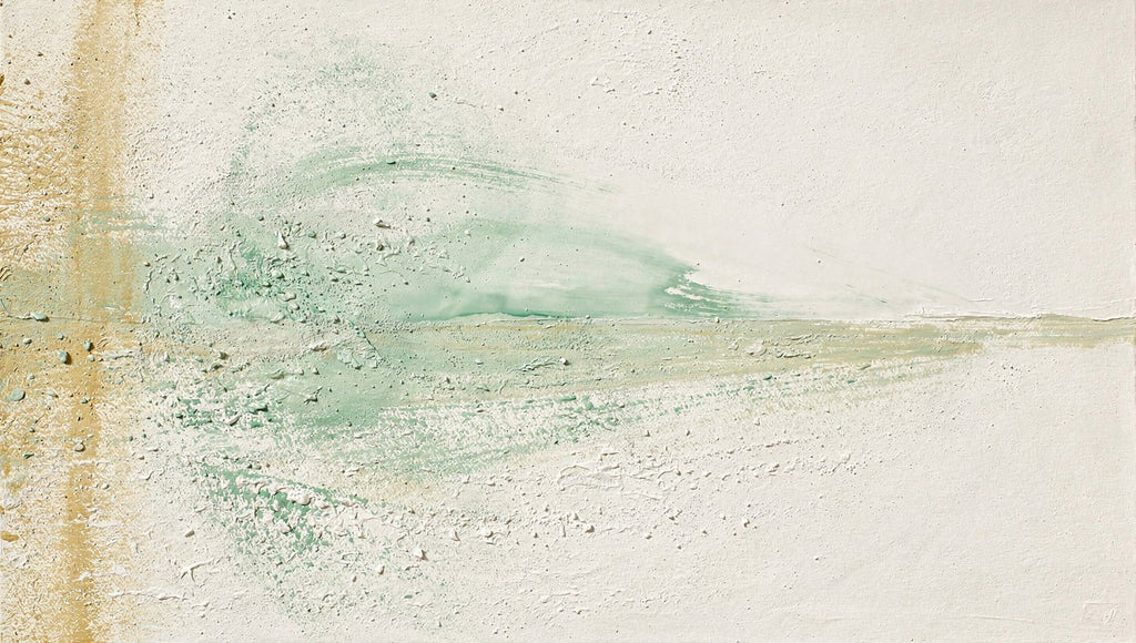 Celadon Trace abstract artwork with a pale celadon and mint horizontal sweep, sandy pigment traces, and a broad chalk-white plaster-like field