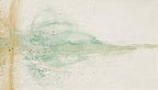 Celadon Trace abstract artwork with a pale celadon and mint horizontal sweep, sandy pigment traces, and a broad chalk-white plaster-like field
