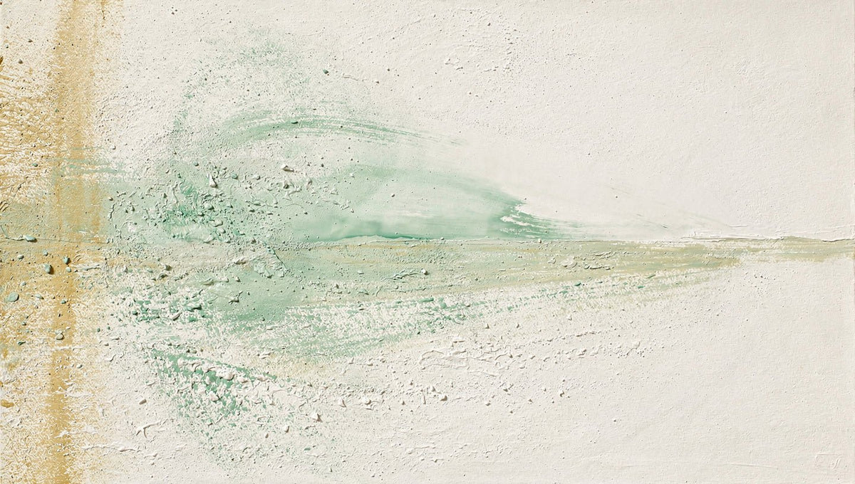 Celadon Trace abstract artwork with a pale celadon and mint horizontal sweep, sandy pigment traces, and a broad chalk-white plaster-like field