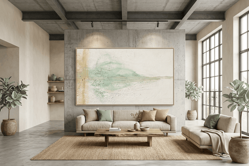Celadon Trace abstract artwork with a pale celadon and mint horizontal sweep, sandy pigment traces, and a broad chalk-white plaster-like field in an industrial loft
