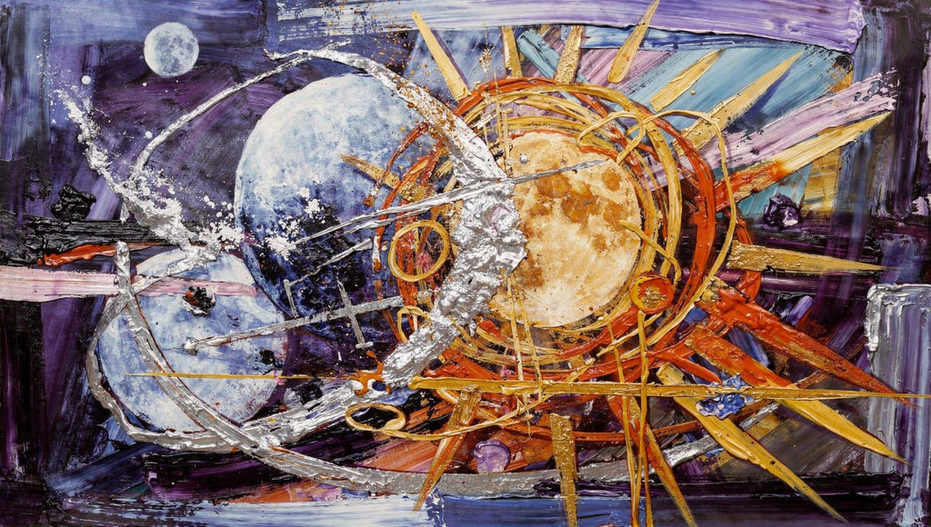 Celestial Counterpoint abstract artwork with a chalk-blue moon-like disc, amber orb, gold rings and silver arcs on a deep violet field