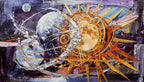 Celestial Counterpoint abstract artwork with a chalk-blue moon-like disc, amber orb, gold rings and silver arcs on a deep violet field