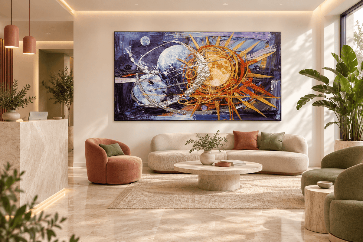 Celestial Counterpoint abstract artwork above a cream sofa in a sunlit clinic reception with a marble desk, blush seating and indoor plants.