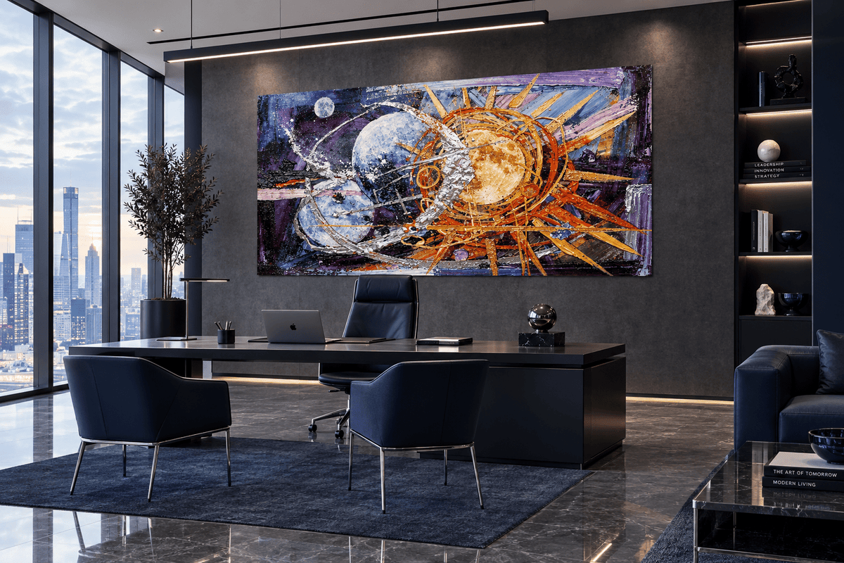 Celestial Counterpoint abstract artwork behind a dark executive desk in a city-view office with navy chairs, a charcoal wall and built-in shelving.