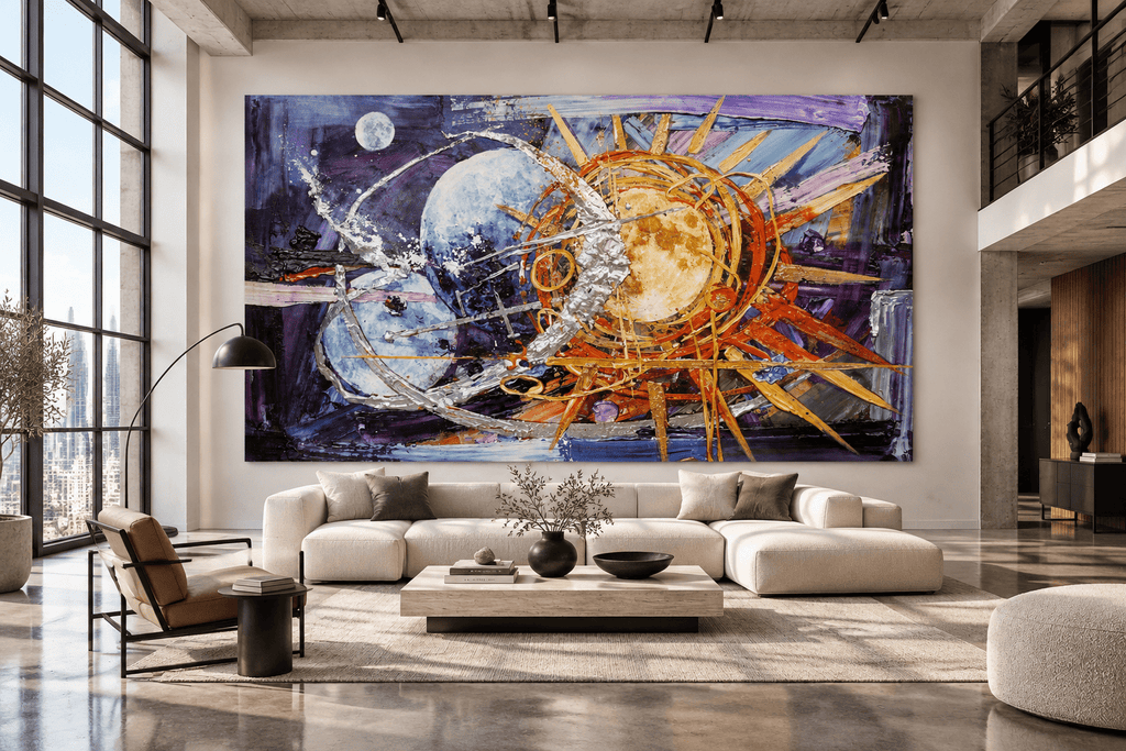 Celestial Counterpoint abstract artwork above a curved white sectional in a sunlit concrete loft with floor-to-ceiling windows and a city view.