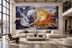 Celestial Counterpoint abstract artwork above a curved white sectional in a sunlit concrete loft with floor-to-ceiling windows and a city view.