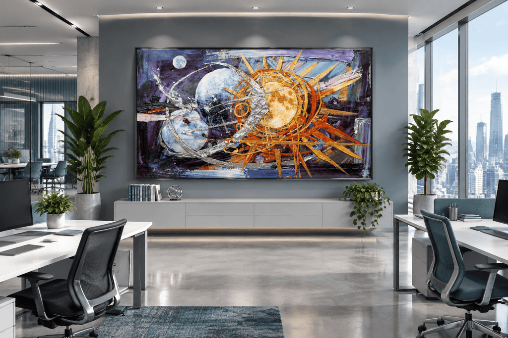 Celestial Counterpoint abstract artwork above a grey credenza in a bright open-plan office with floor-to-ceiling city windows, desks and leafy plants.