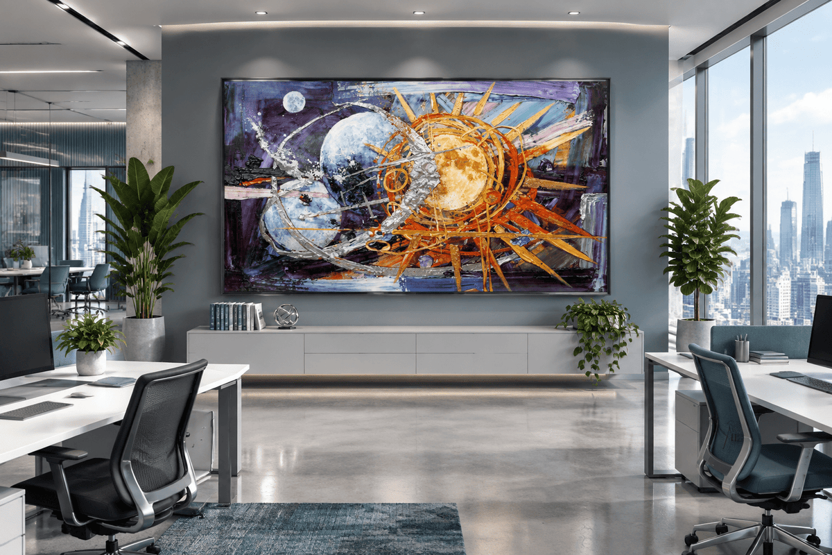 Celestial Counterpoint abstract artwork above a grey credenza in a bright open-plan office with floor-to-ceiling city windows, desks and leafy plants.