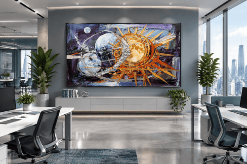 Celestial Counterpoint abstract artwork above a grey credenza in a bright open-plan office with floor-to-ceiling city windows, desks and leafy plants.