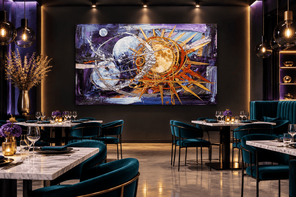 Celestial Counterpoint abstract artwork in an elegant dark restaurant dining room with teal velvet chairs, marble tables and glowing pendant lights.