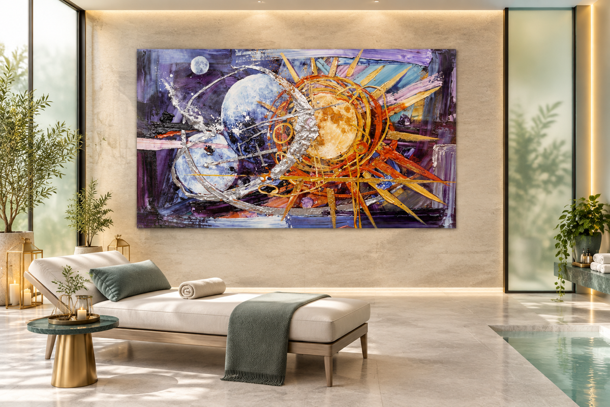 Celestial Counterpoint abstract artwork above a chaise lounge in a serene spa interior with a stone wall, candles, greenery and a pool edge.