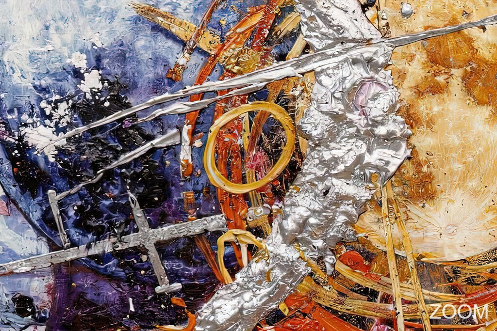 Zoom of Celestial Counterpoint abstract artwork with a chalk-blue moon-like disc, amber orb, gold rings and silver arcs on a deep violet field