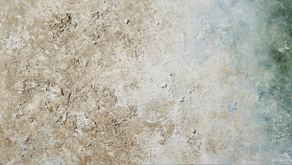Chalk Current abstract artwork with textured cream and weathered stone fields transitioning into muted teal-blue at the right