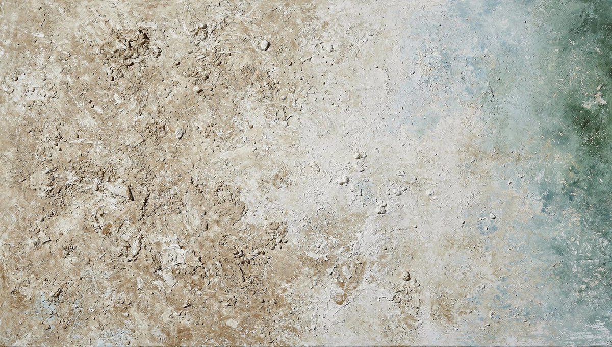 Chalk Current abstract artwork with textured cream and weathered stone fields transitioning into muted teal-blue at the right