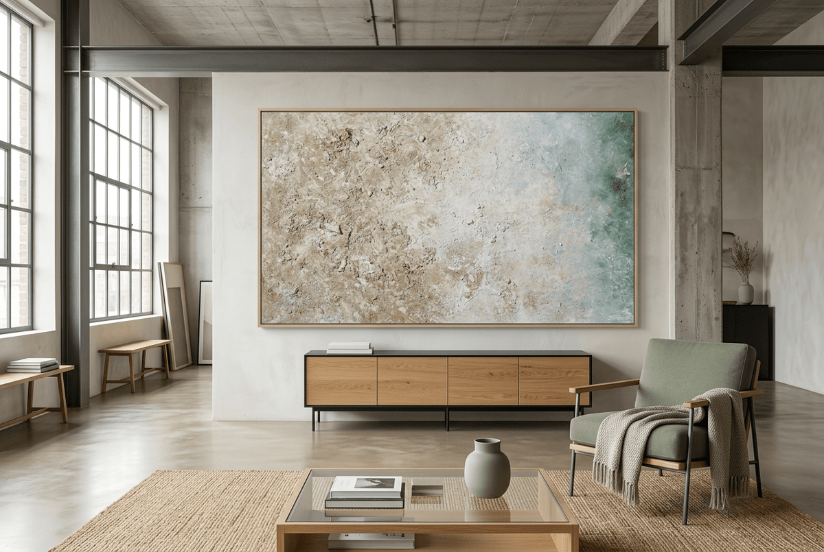 Chalk Current abstract artwork with textured cream and weathered stone fields transitioning into muted teal-blue at the right in an industrial loft