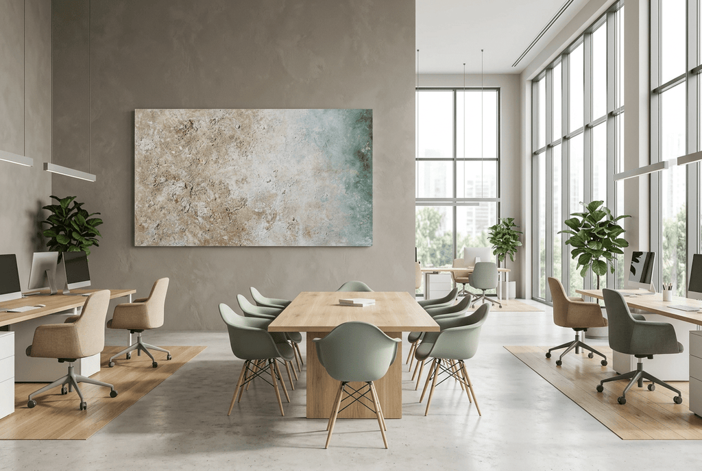 Chalk Current abstract artwork with textured cream and weathered stone fields transitioning into muted teal-blue at the right in an open-plan office
