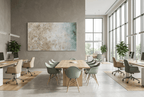 Chalk Current abstract artwork with textured cream and weathered stone fields transitioning into muted teal-blue at the right in an open-plan office
