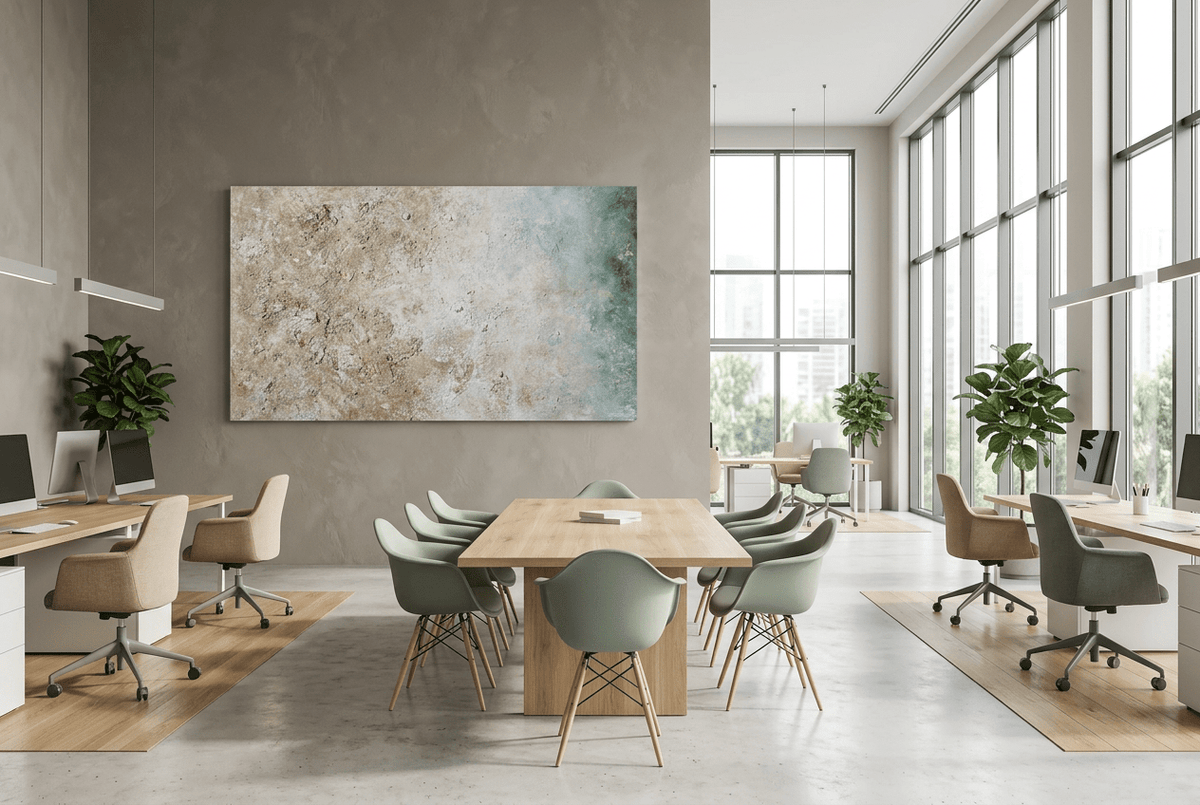 Chalk Current abstract artwork with textured cream and weathered stone fields transitioning into muted teal-blue at the right in an open-plan office