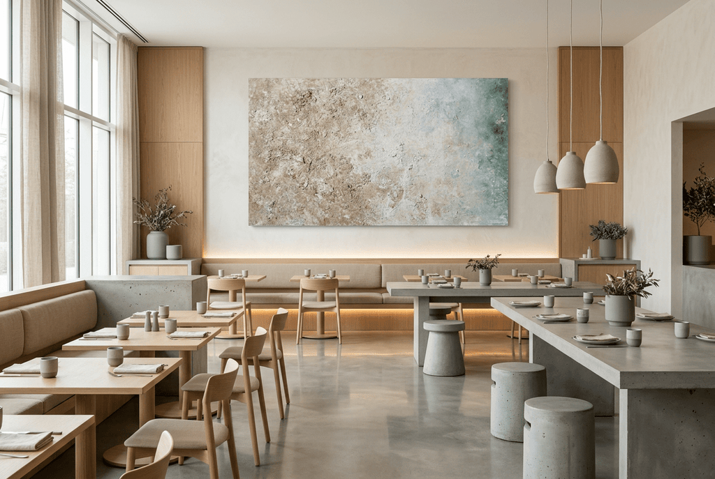Chalk Current abstract artwork with textured cream and weathered stone fields transitioning into muted teal-blue at the right in a modern restaurant