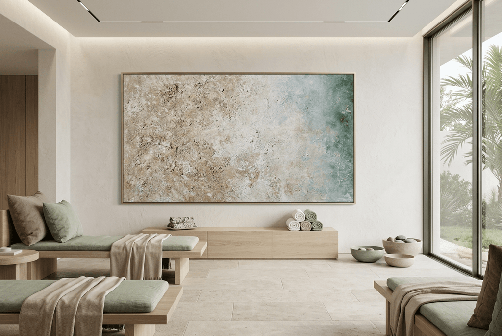 Chalk Current abstract artwork with textured cream and weathered stone fields transitioning into muted teal-blue at the right in a wellness spa