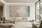 Chalk Current abstract artwork with textured cream and weathered stone fields transitioning into muted teal-blue at the right in a wellness spa