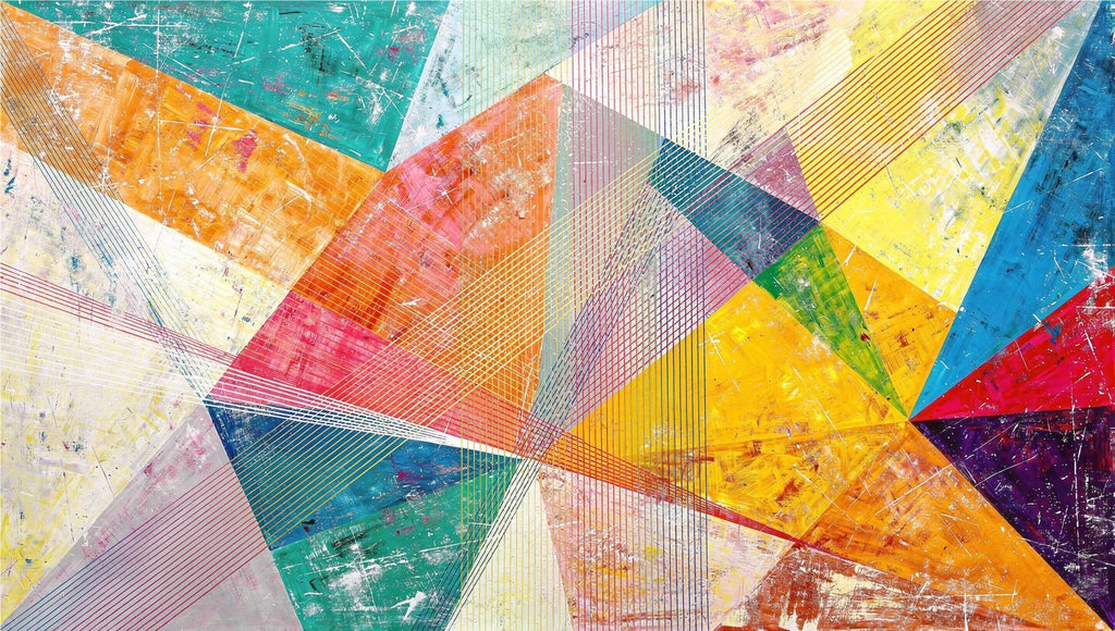 Chromatic Burst abstract geometric artwork with hot pink, teal, yellow and cobalt prismatic wedges