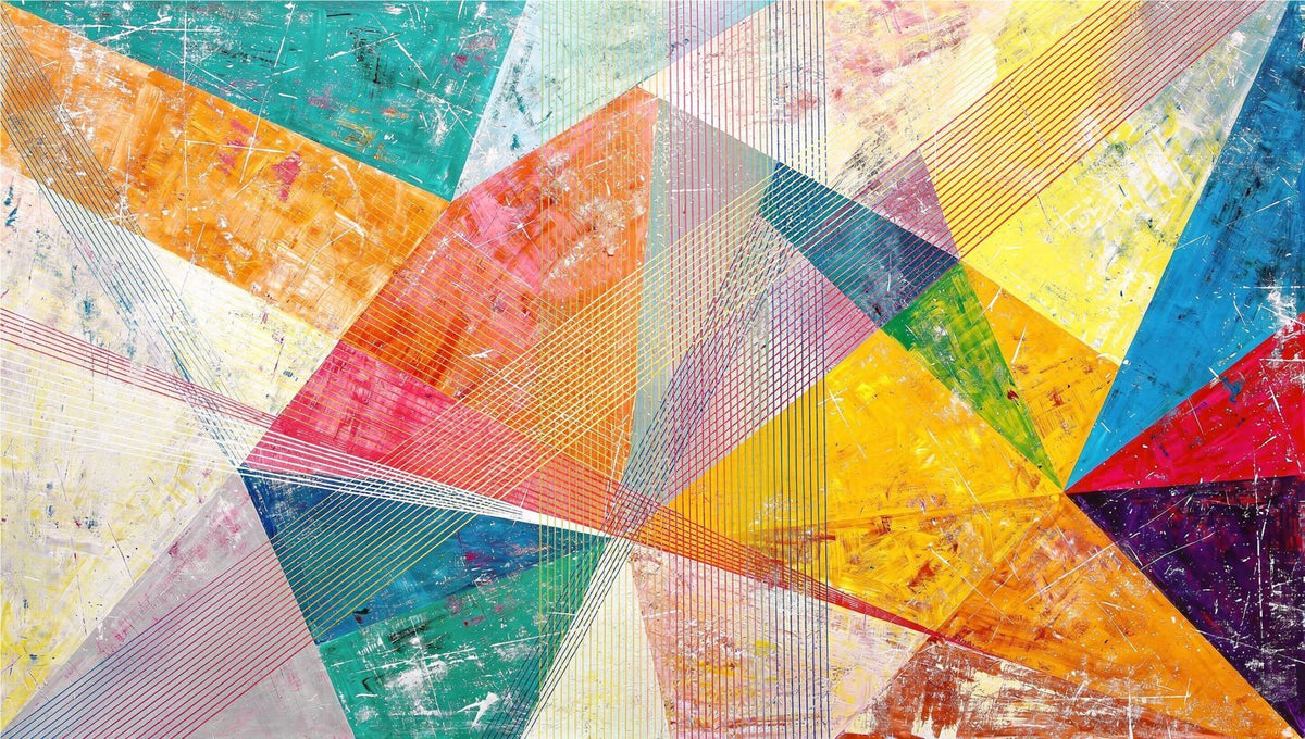 Chromatic Burst abstract geometric artwork with hot pink, teal, yellow and cobalt prismatic wedges