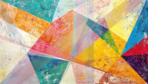 Chromatic Burst abstract geometric artwork with hot pink, teal, yellow and cobalt prismatic wedges