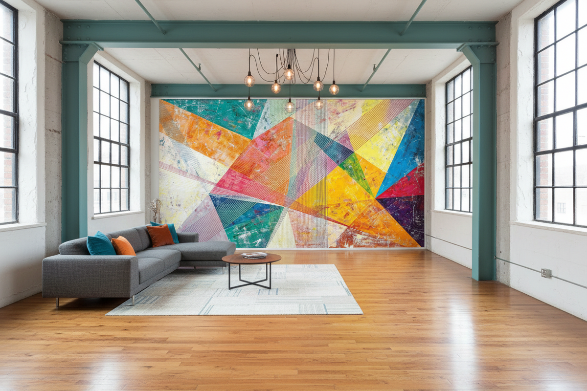 Chromatic Burst hot pink and teal geometric artwork in a modern industrial loft