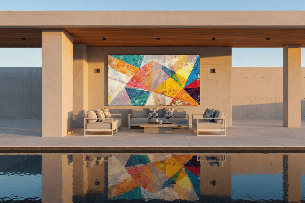 Chromatic Burst abstract geometric artwork with prismatic wedges in a pool lounge and outdoor living space