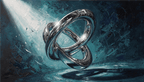 Chrome Infinity geometric abstraction with an interlocking chrome infinity knot on deep teal