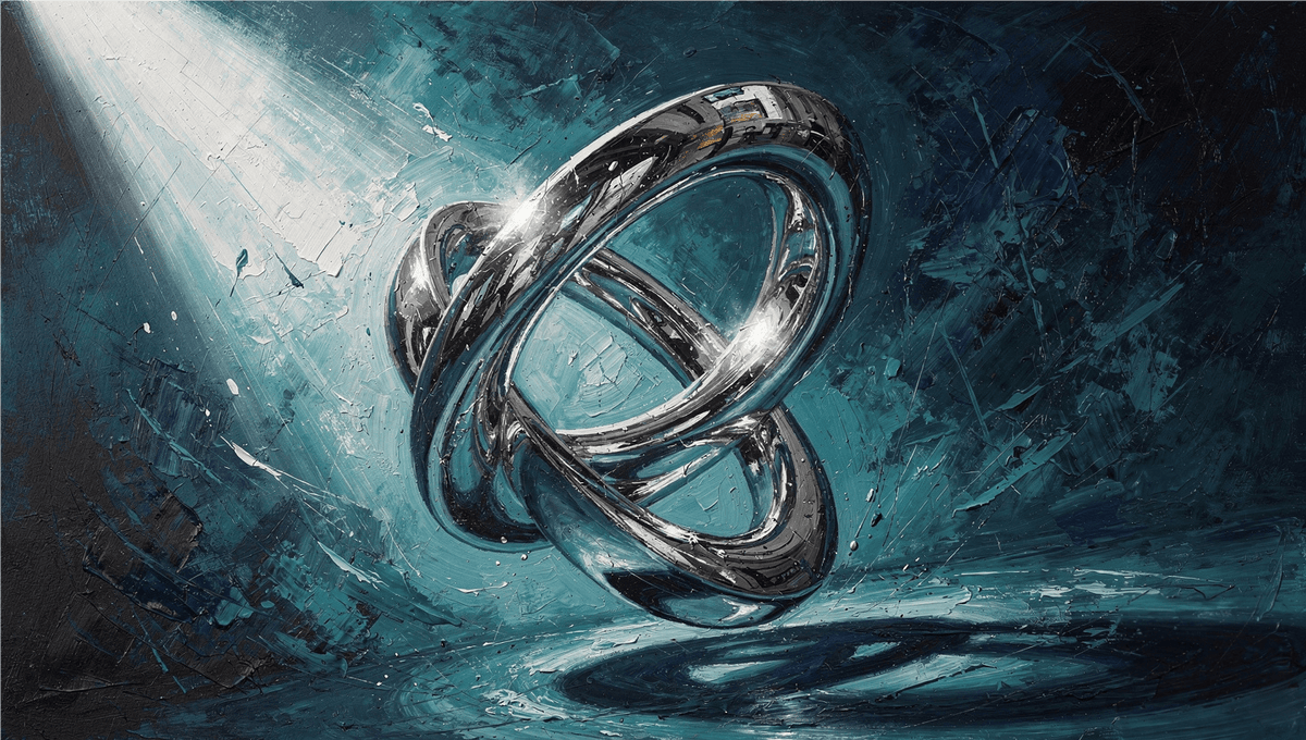 Chrome Infinity geometric abstraction with an interlocking chrome infinity knot on deep teal