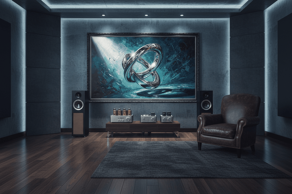 Chrome Infinity infinity-knot artwork in a high-end HiFi listening room