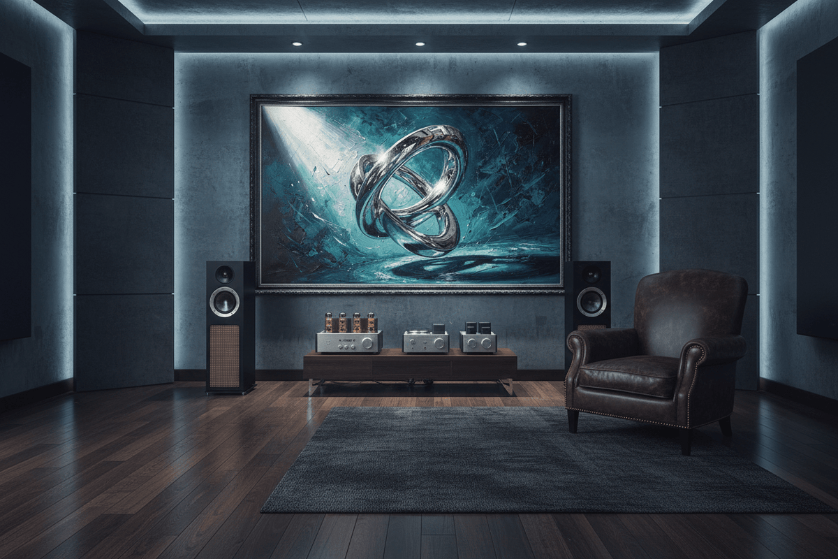 Chrome Infinity infinity-knot artwork in a high-end HiFi listening room