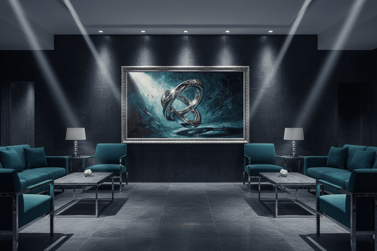 Chrome Infinity geometric artwork in a luxury hotel lobby