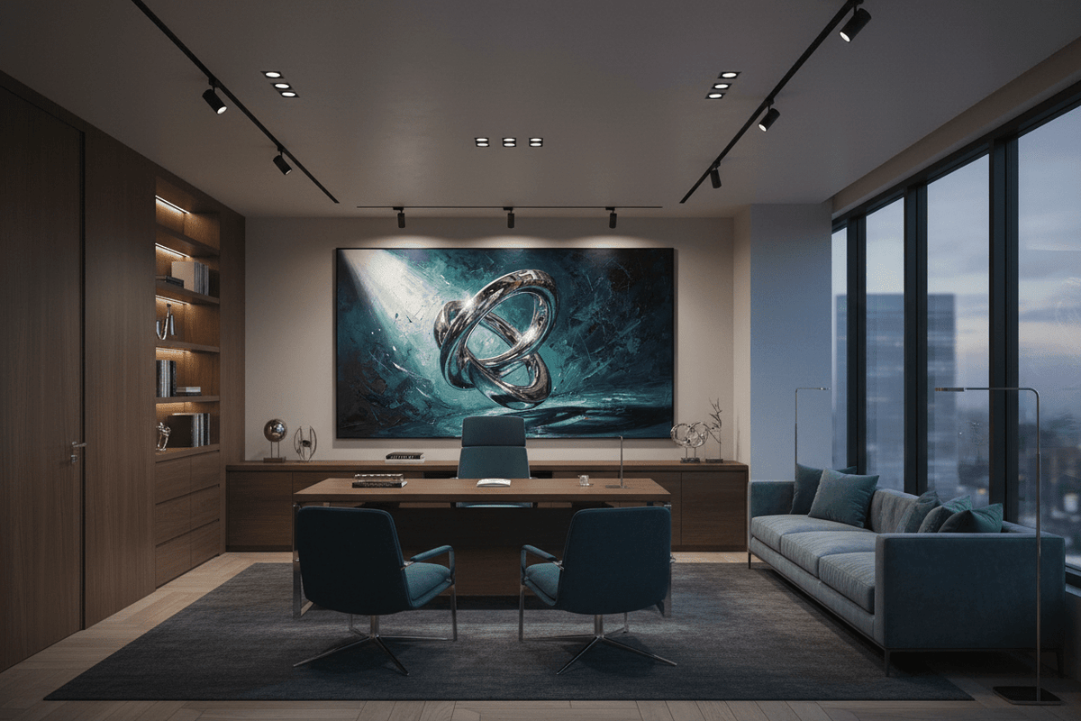 Chrome Infinity teal geometric abstraction in a modern executive office
