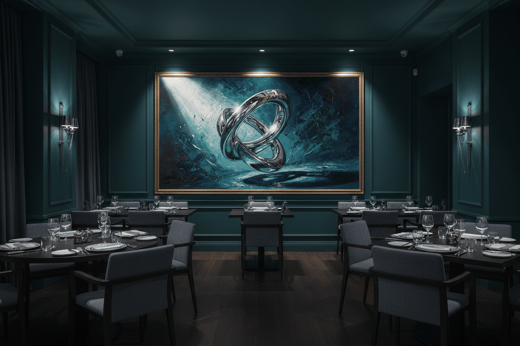 Chrome Infinity chrome infinity-knot artwork in an upscale restaurant interior