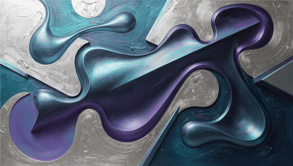 Chrome Reverie biomorphic abstract artwork with silver, teal, violet and dark diagonal forms