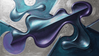 Chrome Reverie biomorphic abstract artwork with silver, teal, violet and dark diagonal forms